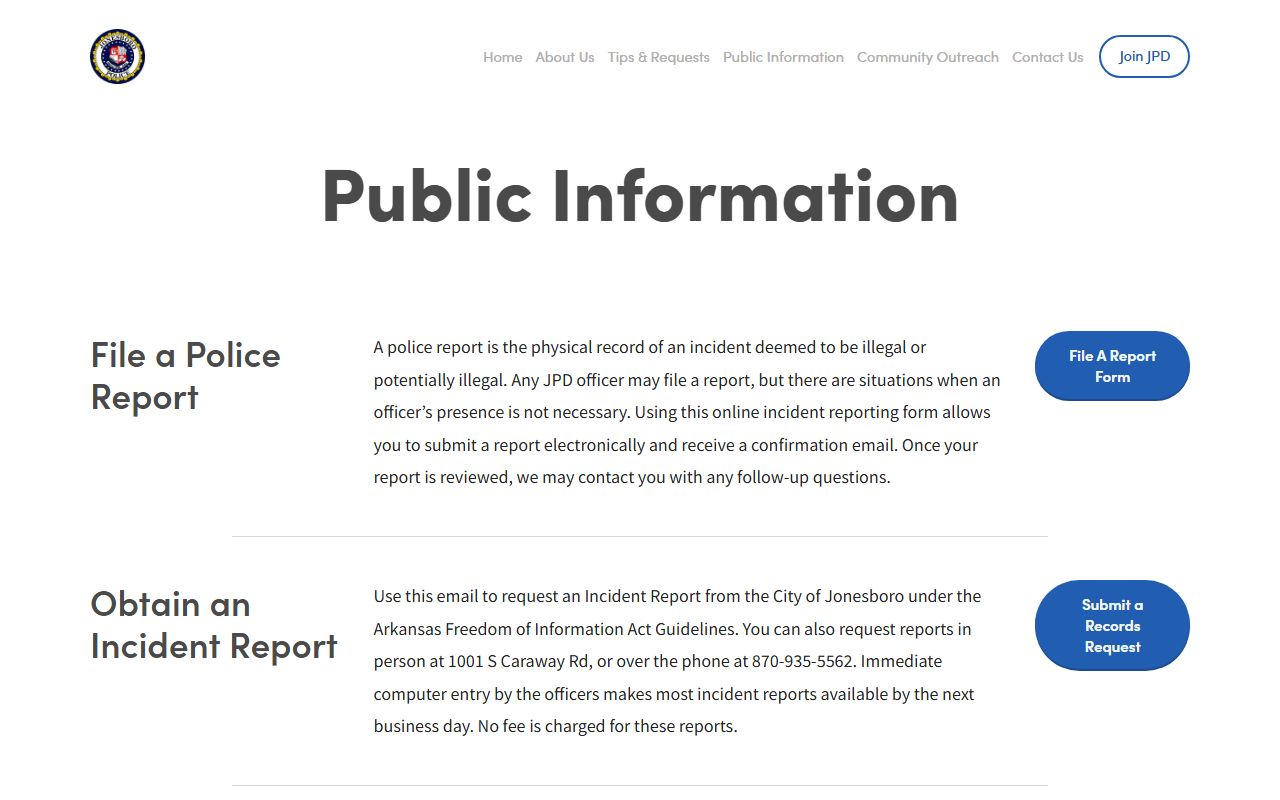 Jonesboro police public information records page