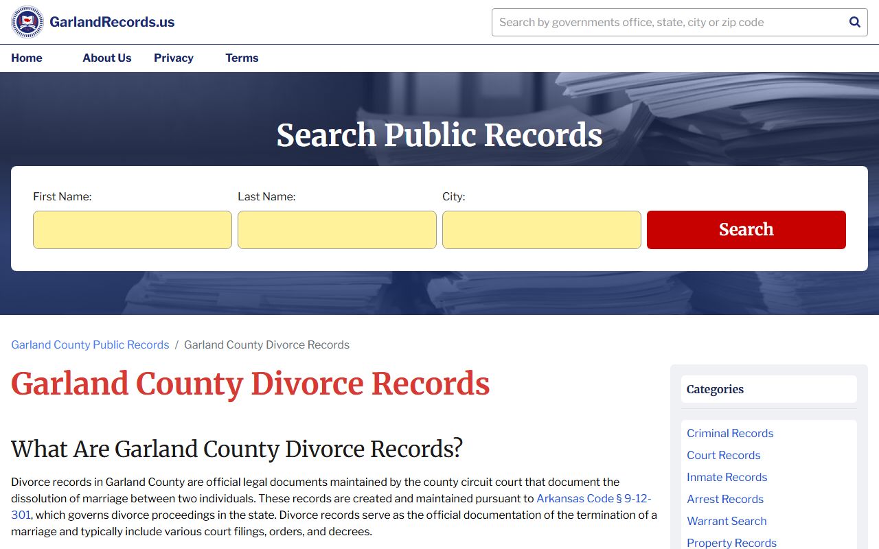 Garland County dissolution of marriage records resource