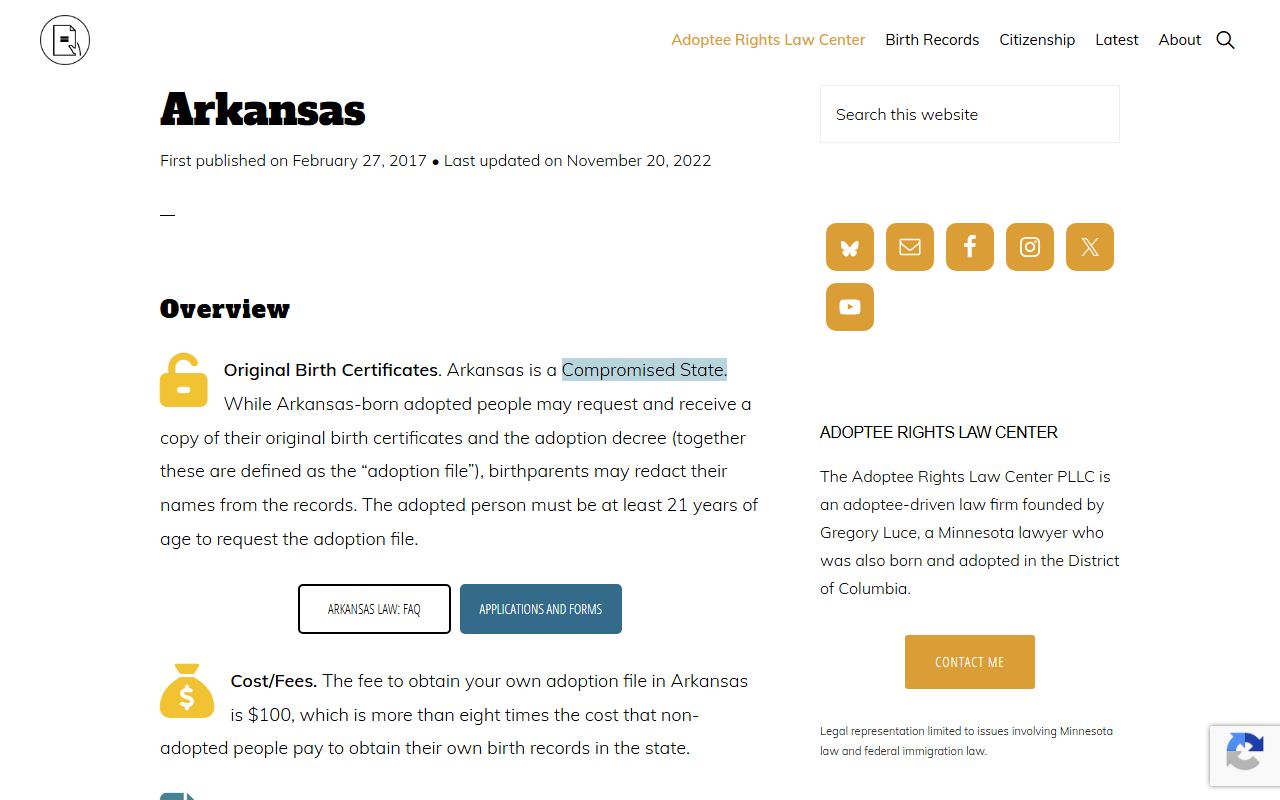 Arkansas vital records statutes reference page