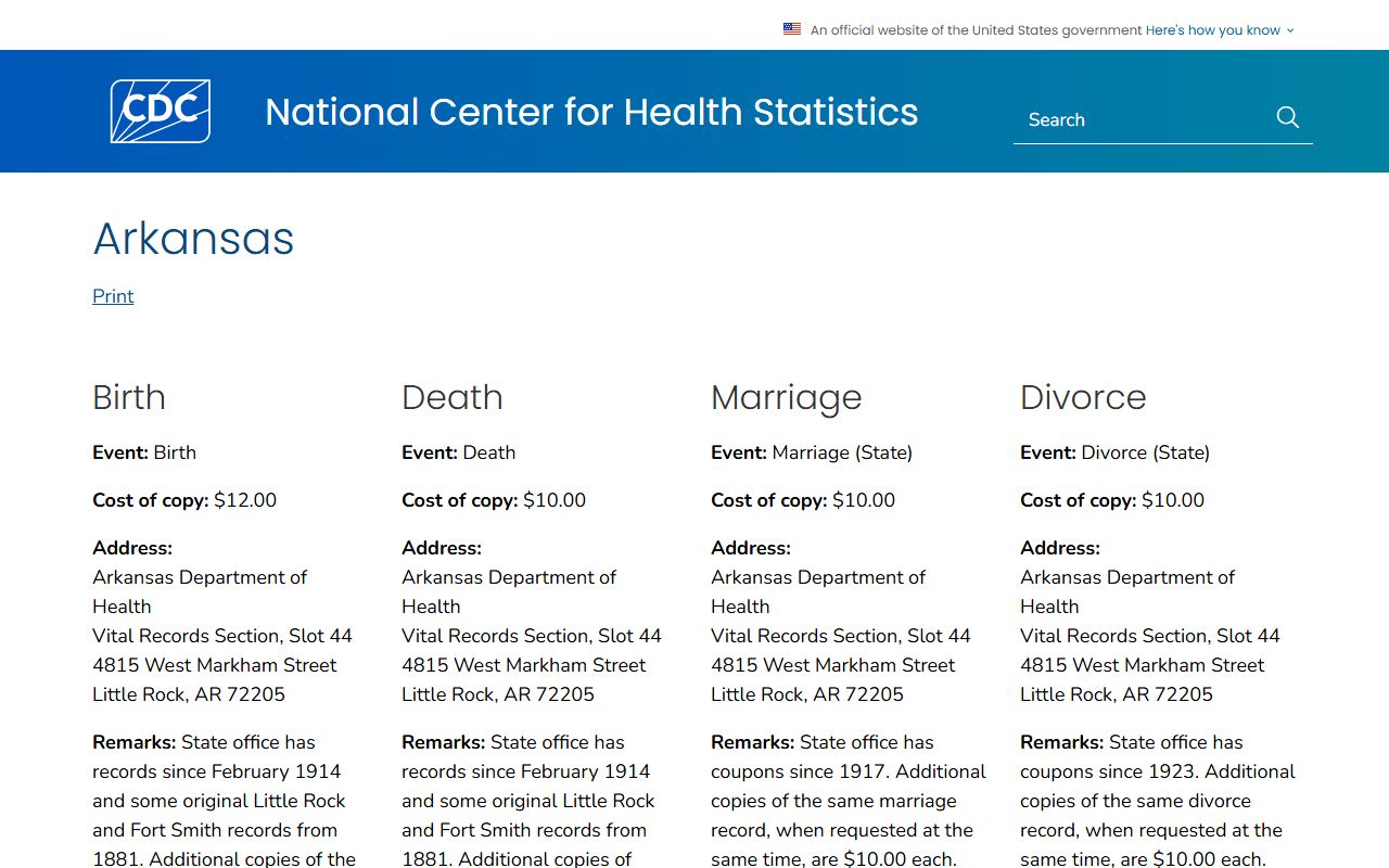 CDC Arkansas vital records page for dissolution of marriage certificates
